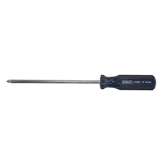Photo of STANLEY 65-534 Pozidriv screwdriver with long metal shaft and black handle, side angle on white background.
