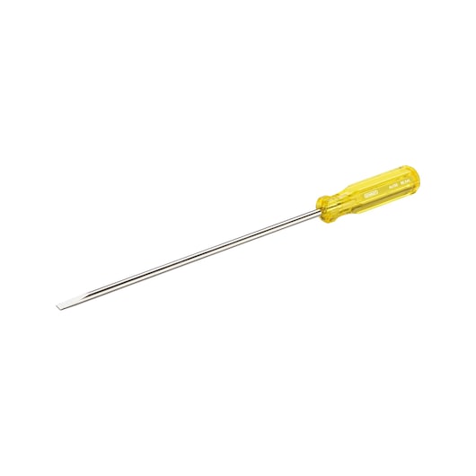 STANLEY 65-541 slotted screwdriver with yellow translucent handle, side angle, on white background.