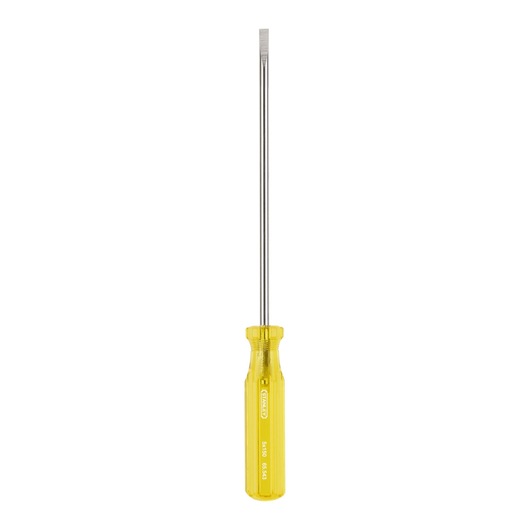 STANLEY 65-543 flathead screwdriver, yellow handle, photography, front angle on white background.