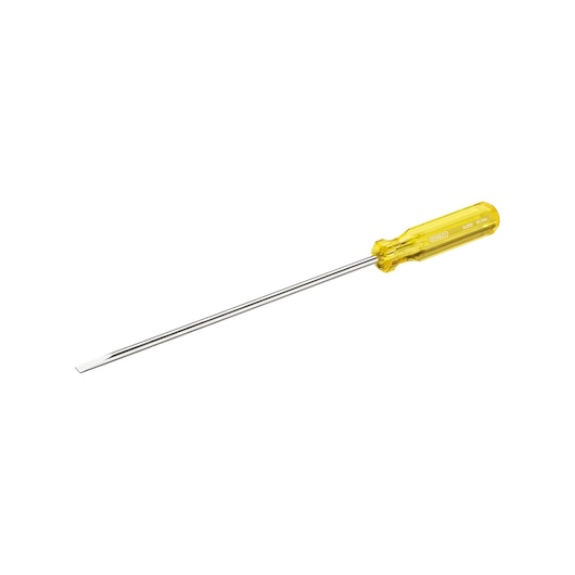 STANLEY 65-544 slotted screwdriver with long chrome shaft and yellow handle, side view on white background.