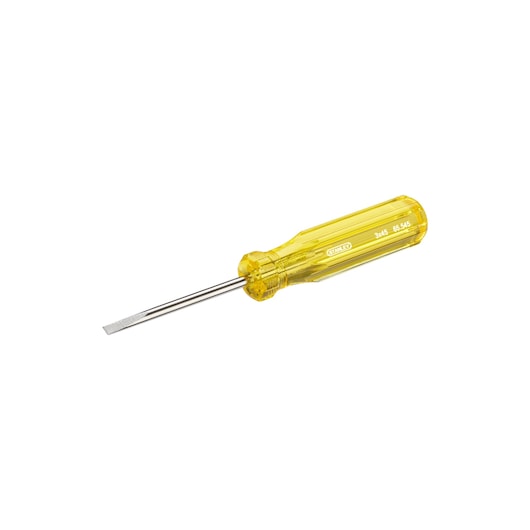 STANLEY 65-545 slotted screwdriver with yellow translucent handle, side view on white background.