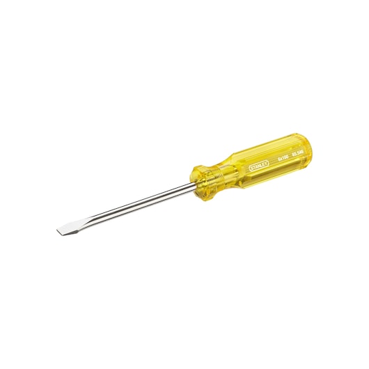 STANLEY 65-546 flathead screwdriver with yellow handle, side angle, against white background.