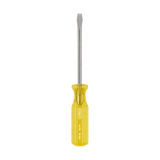 STANLEY 65-546 flathead screwdriver, yellow handle, front view on white background.