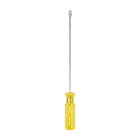 Photo of STANLEY 65-548 slotted screwdriver with yellow transparent handle, straight-on angle, white background.