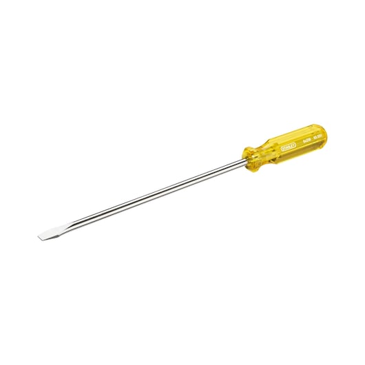 STANLEY 65-551 flathead screwdriver with clear yellow handle, side angle on white background.