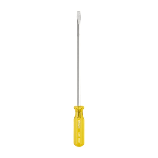 STANLEY 65-551 flathead screwdriver with yellow handle, product photography, front angle, white background.