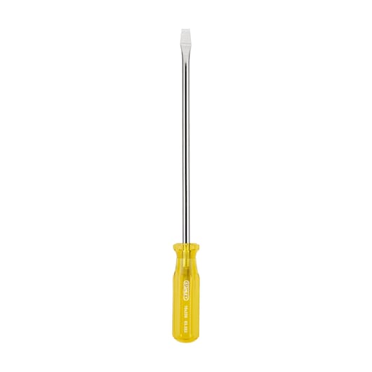 STANLEY 65-553 slotted screwdriver, yellow handle, product photo, front angle, hand tool.