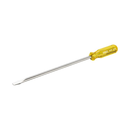 STANLEY 65-554 flathead screwdriver with long chrome shaft, yellow transparent handle, product side view.
