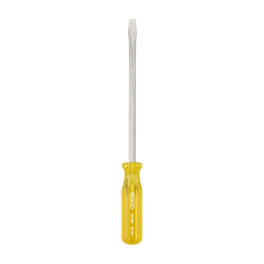 STANLEY 65-561 flathead screwdriver with yellow handle, front angle, white background.