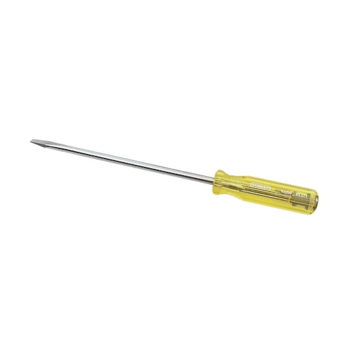 STANLEY 65-571 slotted screwdriver with yellow transparent handle, side angle on white background.