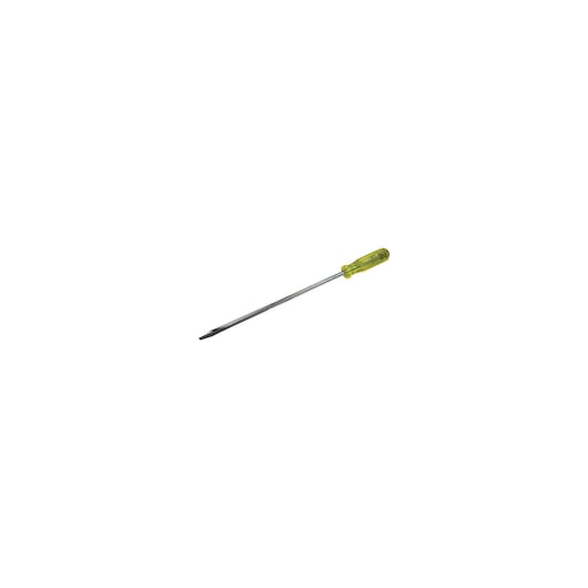 STANLEY 65-573 slotted screwdriver with yellow translucent handle, side view on white background.