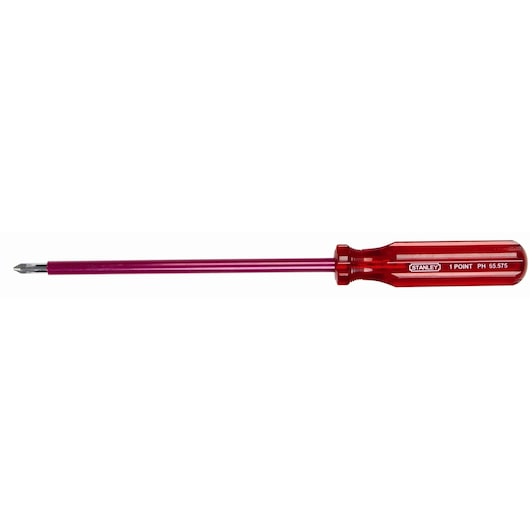 STANLEY 65-575 long Phillips screwdriver with red translucent handle, side view on white background.