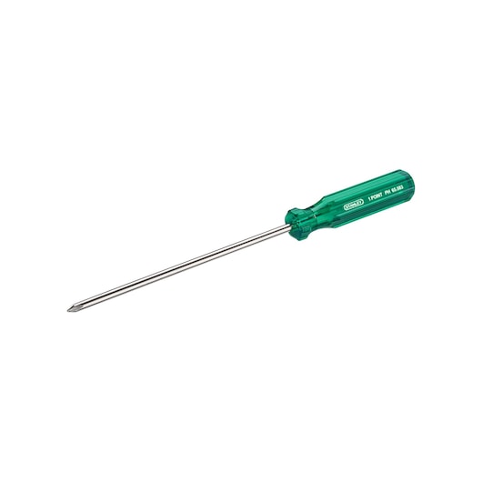 STANLEY 65-583 Phillips screwdriver with long metal shaft and green translucent handle, side angle on white.