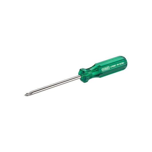Photo of STANLEY 65-584 Phillips screwdriver with green transparent handle, angled view on white background.