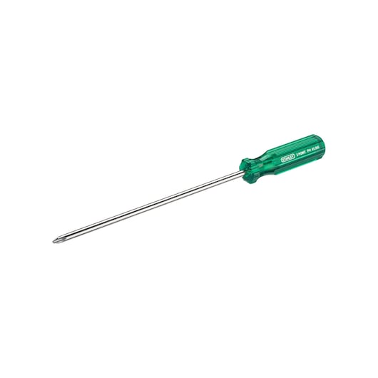 STANLEY 65-585 Phillips screwdriver with long chrome shaft and green transparent handle, side angle on white.