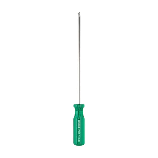 STANLEY 65-585 screwdriver photography, green handle, straight-on view, metal shaft, hand tool.