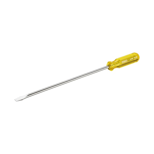 STANLEY 65-589 flathead screwdriver with long chrome shaft, yellow handle, product photo side angle.