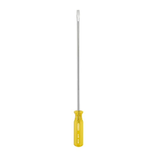 STANLEY 65-589 slotted screwdriver with yellow handle, front view on white background.
