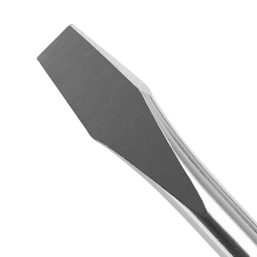 STANLEY 65-750 flat screwdriver tip close-up on white background, chrome finish, hand tool.