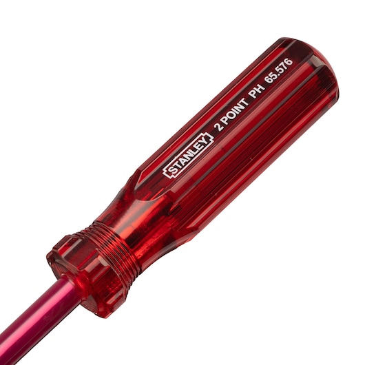 STANLEY 65-750 red translucent Phillips screwdriver handle, close-up, on white background.