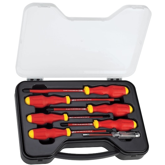 STANLEY 65-980 screwdriver set in black case, red and yellow handles, top view, photography product.