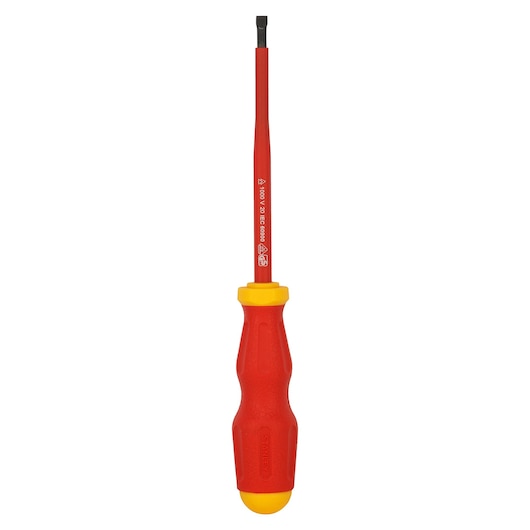 STANLEY 65-980 insulated slotted screwdriver with red and yellow handle, vertical angle, white background.