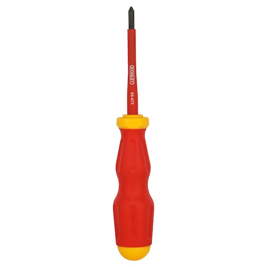 STANLEY 65-980 insulated Phillips screwdriver with red and yellow handle, product front view on white background.