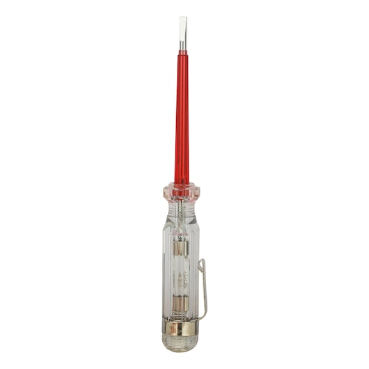Stanley 65-980 transparent test screwdriver with red shaft, straight-on angle, photography
