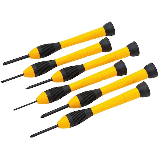 Stanley precision screwdriver set, yellow and black handles, top view on white background