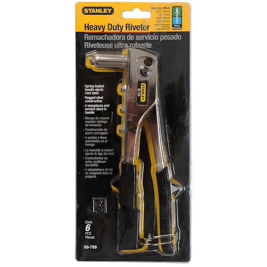 STANLEY 69-799 heavy duty riveter tool in retail packaging, front angle, with black and yellow accents.