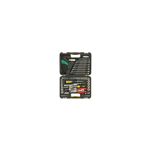 STANLEY 71-610 tool set with wrenches, sockets, pliers, and screwdriver in a black hard case, top-down view.