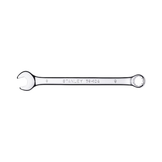 STANLEY 79-104 combination wrench, chrome finish, open and box end, top angle on white background.