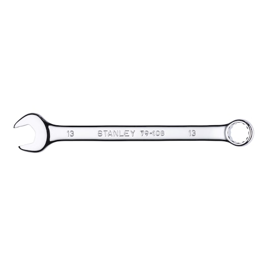 STANLEY 79-108 combination wrench, chrome finish, open and box end, size 13 mm, product side view on white.