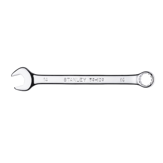 STANLEY 79-109 combination wrench with open and box end, silver finish, front angle on white background.