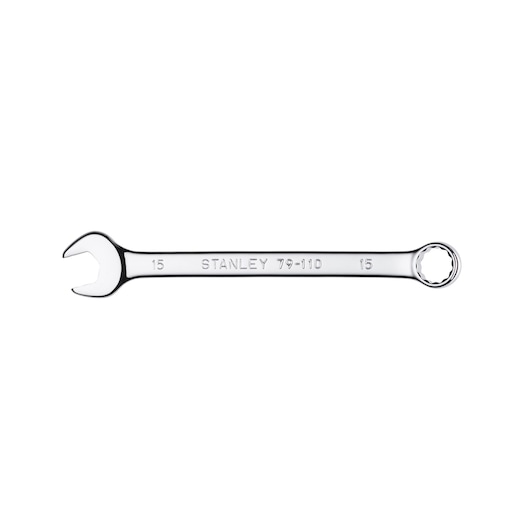 STANLEY 79-110 combination wrench, 15mm, chrome finish, product photo on white background.