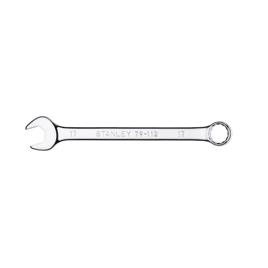 STANLEY 79-112 combination wrench, chrome finish, 17mm size, product viewed from top on white background.