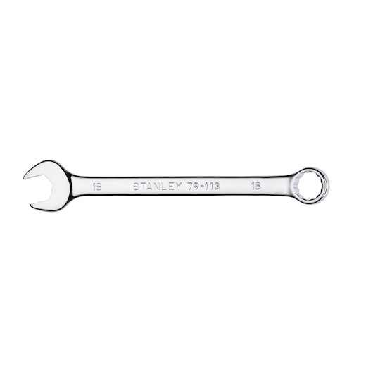 Photo of STANLEY 79-113 combination wrench, chrome finish, open and box end, front view on white background.