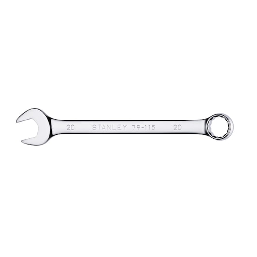 STANLEY 79-115 combination wrench, 20mm, chrome finish, top view on white background.