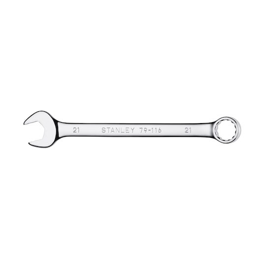 STANLEY 79-116 combination wrench, silver, 21mm, product photography, flat lay on white background.