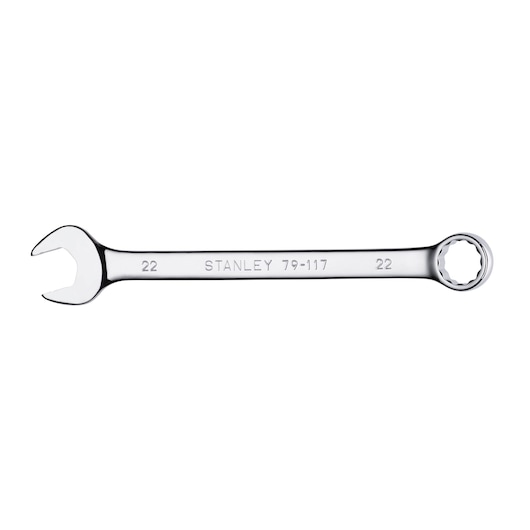 STANLEY 79-117 combination wrench, 22mm, chrome finish, product photography, top view, hand tool.