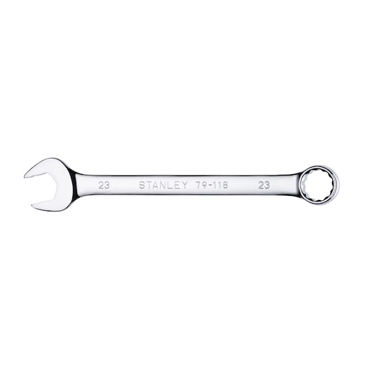 STANLEY 79-118 combination wrench, chrome finish, photography on white background, 23mm size.