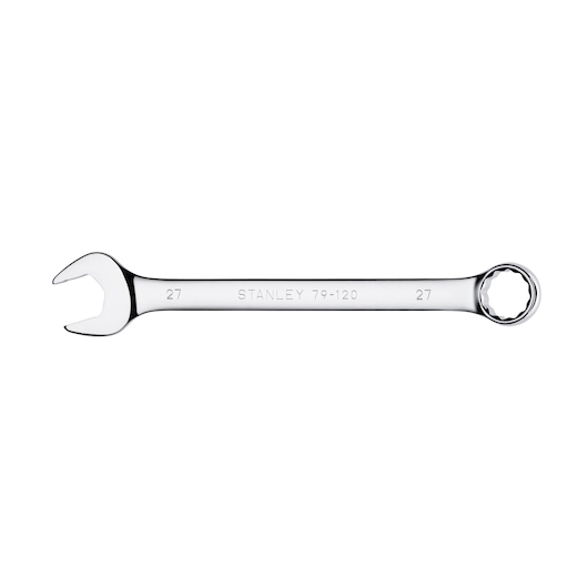 Stanley 79-120 combination wrench, chrome finish, 27mm size, product photo on white background.
