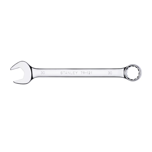 Stanley 79-121 combination wrench, chrome finish, 30mm size, product photo on white background.