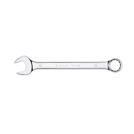 STANLEY 79-122 combination wrench, chrome finish, size 32 mm, photo of tool on white background, side angle.