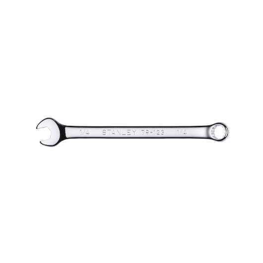 STANLEY 79-123 combination wrench with open and box ends, chrome finish, shown flat on white background.
