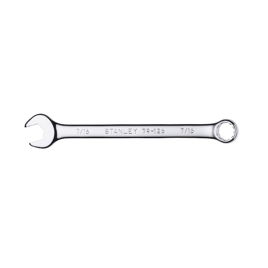 STANLEY 79-126 combination wrench, 7/16 inch, chrome finish, front angle, tool photography.