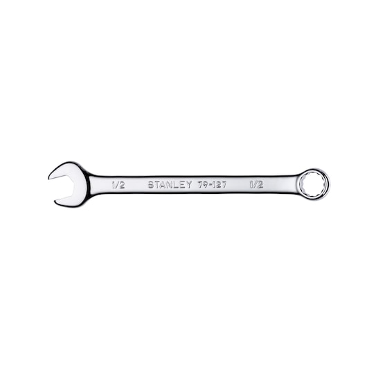 STANLEY 79-127 combination wrench, chrome finish, 1/2 inch, top angle on white background.