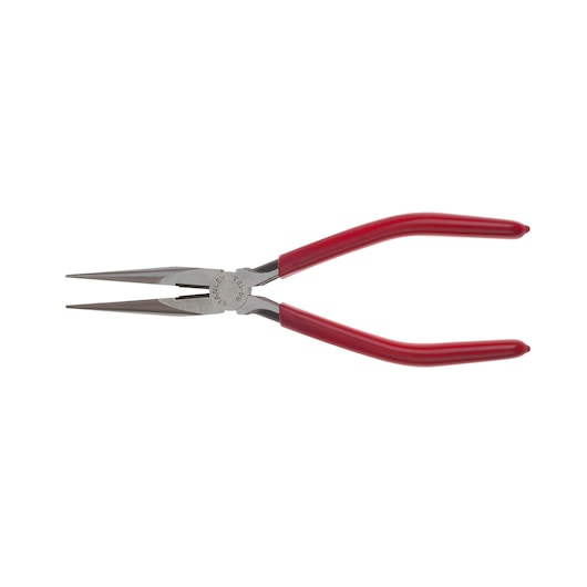 Long nose pliers with red handles for precision gripping and cutting, shown against a white background.