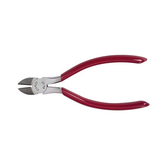 STANLEY 84-131 diagonal cutting pliers with red handles, side angle, on white background.