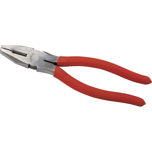 Stanley combination pliers with red handles, suitable for gripping and cutting tasks.